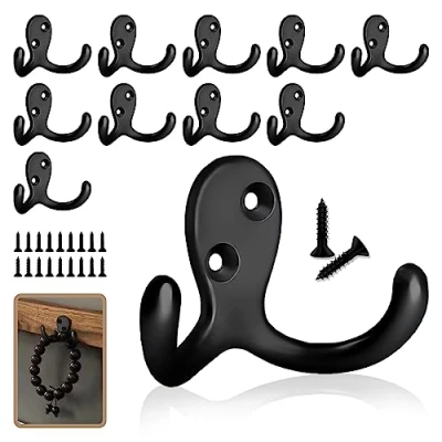 Image of FANCY NOVA 10 Pack Heavy Duty Double Prong Coat Hooks, Black Wall Mounted Hooks with 20 Screws, Retro Backpack for Hanging Coats, Bag, Scarf, Key, Cup, Towel