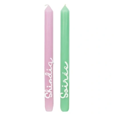 Image of 2 x Hand Painted Green and Pink Dinner Candles Shindig &amp; Soiree Scripted Text Ideal Birthday or Mothers Day Gift Unscented, 8 Hours Burn Time Eco Friendly Packaging, Made by Talking Tables