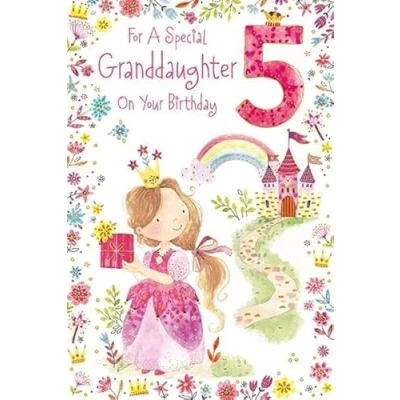 Image of Paper Rose Special Granddaughter 5th Birthday Card Age 5 Princess, Castle and Rainbow with Foil Details Eco Friendly Recyclable