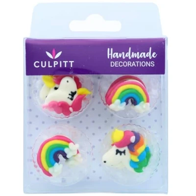 Image of Culpitt Rainbows &amp; Unicorns Sugar Piping&#039;s, Edible Cake Decorations, Unicorn Cupcake Decorations Pack of 12