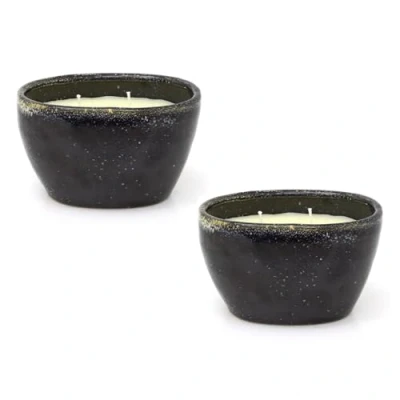 Image of Set of 2 Vanilla Scented Candles in Black Ceramic Jars Wick White Wax Aromatherapy Pack Stoneware Candle Holders with Fragrance Aroma Gift