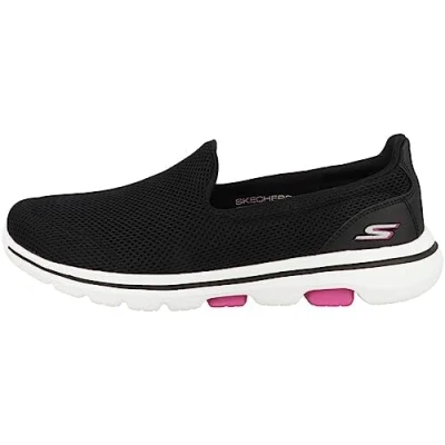 Image of Skechers Women&#039;s GO Walk 5 Slip On Trainers, Black Textile Hot Pink Trim, 2 UK