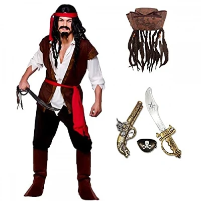 Image of Adult Mens Caribbean Captain Jack Pirate Fancy Dress Costume + Hat With Hair &amp; Beads 3 Piece Accessory Set (Men: Large)