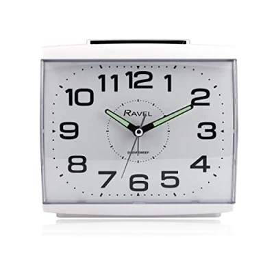 Image of Ravel Large Retro Bedside/Mantle Quartz Alarm Clock with Silent Sweep Second Hand, Snooze and Light RC037.4 White