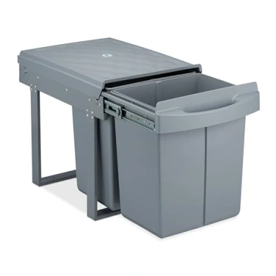 Image of Relaxdays 10031545 Einbaumülleimer Built in Waste, 2 fold, extendable, Duo Kitchen bin for Cabinet, 2X 20 L, H x W D 41 34 52 cm, Grey, ABS