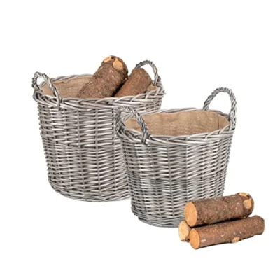 Image of Wrenbury Set of 2 Lined Log Baskets Storage 38 &amp; 51cm Round with Hessian Lining Willow Wicker for Fireplace Laundry Wood or Blanket Box