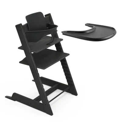 Image of Stokke Tripp Trapp Oak High Chair (Black) with Tray Includes Chair, Baby Set 2 for Children 6 36 Months and Adjustable, Ergonomic &amp; Easy to Clean
