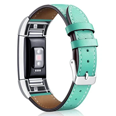 Image of AISPORTS Compatible with Fitbit Charge 2 Strap for Women Men, Leather Soft Breathable Sport Wristband Metal Buckle Bracelet Replacement Fitness Tracker