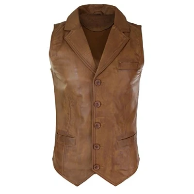 Image of Infinity Mens Real Leather Tan Brown Black Smart Casual Gilet Waistcoat Vintage Retro
