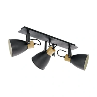 Image of Eglo Coswarth Ceiling Light Fitting, Vintage lamp with 3 Spots, Industrial Spotlight bar, Steel in Anthracite and Cream White, Natural Wood, E27 Socket, FSC Certified