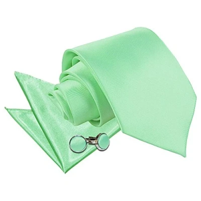 Image of DQT Men Plain Satin 9cm Wide Tie + Pocket Square &amp; Cufflinks Set Mint Green