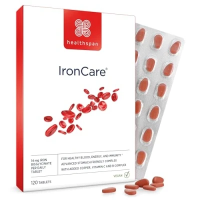 Image of Healthspan IronCare (120 Tablets) Added Vitamin C &amp; B2, B6 B12 Stomach Friendly Combats Tiredness Fatigue Supports Red Blood Cell Formation Vegan