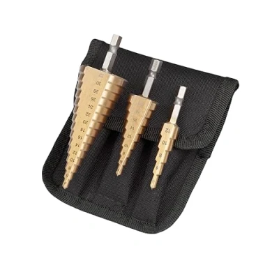 Image of UK Drills HSS Step Drill Bits Set Titanium Coated 3pc 4 32mm for Drilling on Hard Metal, Stainless Steel, Cast Iron
