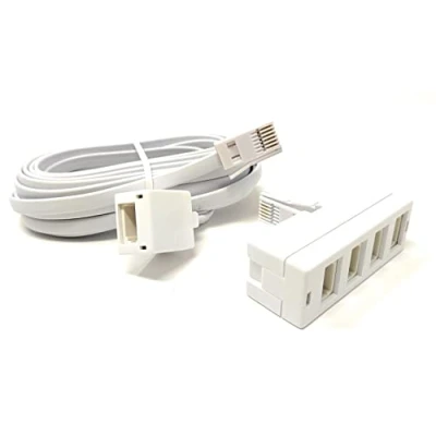 Image of Maincore 5m 2in1 long White BT Telephone Extension Cable Lead &amp; 4 Way Sockets Splitter Adapter (5m)