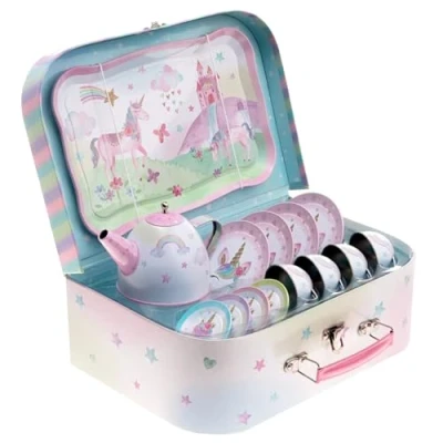 Image of Jewelkeeper 15 Piece Tea Set for Toddlers Pretend Play Party Children with Tin Pieces and Carrying Case Fun Unicorn Design Playtime Kids 29.2 x 19.3 9.5 cm