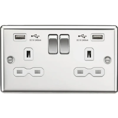 Image of KnightsBridge 13A 2G switched socket with dual USB charger A + (2.4A), Polished chrome white insert