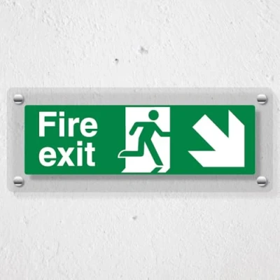 Image of V Safety Fire Exit Arrow Down Right 300 x 100 mm Acrylic Perspex Cast Clear Sign