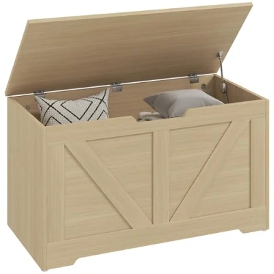 Image of HOMCOM Storage Trunk with 2 Safety Hinges, 80cm, Natural Wood Finish
