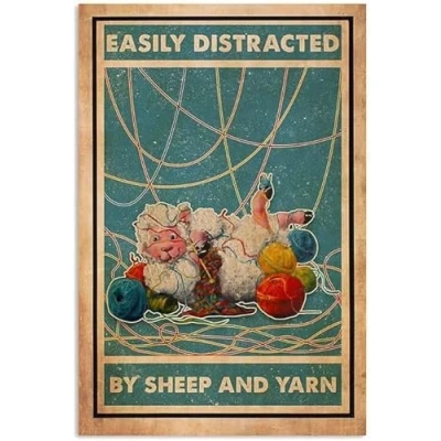 Image of Metal Sign Easily Distracted By Sheep And Yarn Retro Tin Vintage Sewing Room Wall Art Craft Decor 12x16 Inch