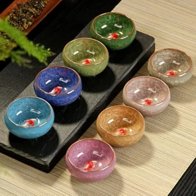 Image of HirrWill Ice Crack Glaze, Ceramic Kung Fu Tea Set Embossed Fish Cup Opening Cup, Cute Glass Fish, Korean Soju Shot Set, Also Great for Whiskey, Tequila and Sake.