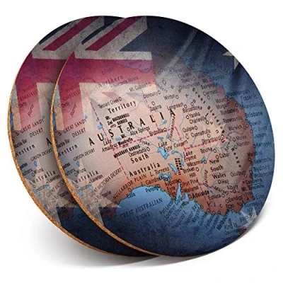 Image of 2 x Round Coasters Australian Flag Map Australia Cork Backed Home Kitchen Accessory Tea Coffee Mug Mat #21170