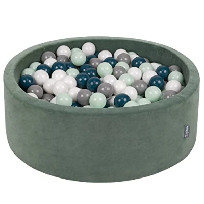 Image of KiddyMoon Soft Ball Pit Round 90X30cm/300 Balls ∅ 7Cm / 2.75In For Kids, Foam Velvet Pool Baby Playballs, Made In EU, Forest Green:Dark Turquoise/Grey/White/Mint