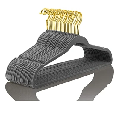 Image of MIZGI Premium Velvet Hangers Pack 50 Pcs Heavyduty Non Slip Slimline Suit Gray Gold Hooks,Space Saving Clothes