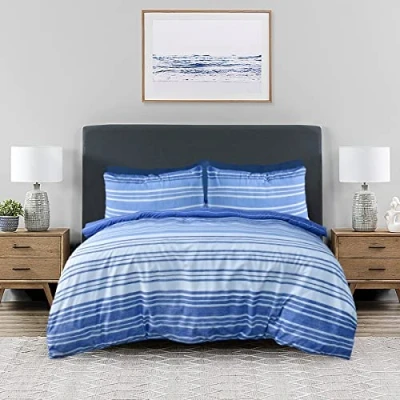 Image of Sleepdown Textured Stripe Navy Blue White Soft Easy Care Cosy Reversible Duvet Cover Quilt Bedding Set with Pillowcases King (230cm x 220cm)