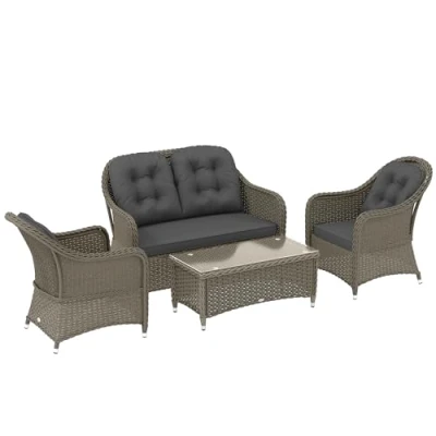 Image of Outsunny 4 Pieces Outdoor PE Rattan Garden Furniture with Cushions, Patio Special Hand Weave Wicker Conservatory Sofa Set Glass Top Coffee Table, Grey