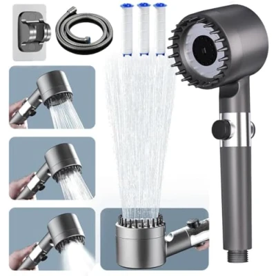 Image of High Pressure Shower Heads, Hard Water Pro Head with 1.5m Hose and Stand, 4 Mode Handheld Powerful Pause Switch, Massage Filter Showerhead, Grey