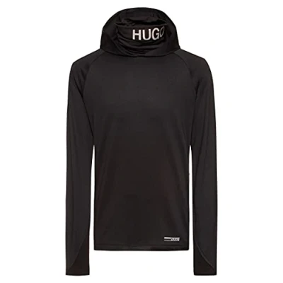 Image of HUGO Mens Denergy X Hooded sweatshirt in performance stretch twill with logo collar Black