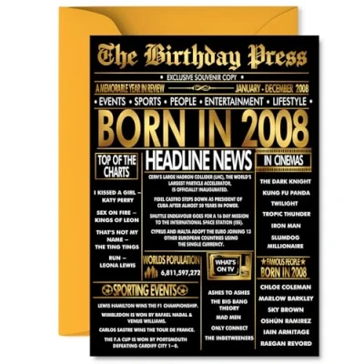 Image of Gold 17th Birthday Card for Boys Girls Black &amp; Golden Newspaper Born in 2008 Happy 17 Cards Daughter Sister Niece Nephew Grandson Brother, 5x7 Inch Bday Greeting