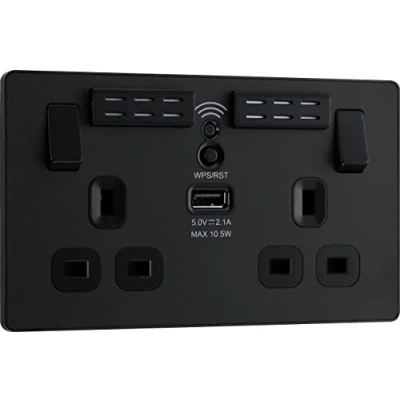 Image of BG Electrical Double Switched Power Wall Plug Socket with Type A USB Charging Port and Wi Fi Extender, Evolve, Matt Black, 13A, PCDMB22UWRB