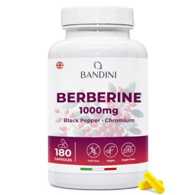 Image of Bandini® Berberine 1000mg Pure high dosage 180 vegan capsules hcl from Berberis Aristata 97% + Chromium and Black Pepper Maximum absorption Digestive, liver, intestinal function