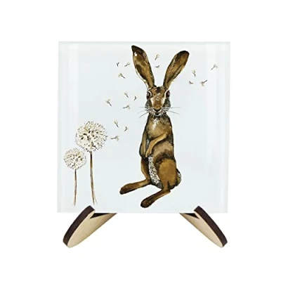 Image of Hares Glass Coasters &amp; Stand Set Square Painted Wildlife Dandelions By Rhiannon Chauncey of Four (4) Wood Effect