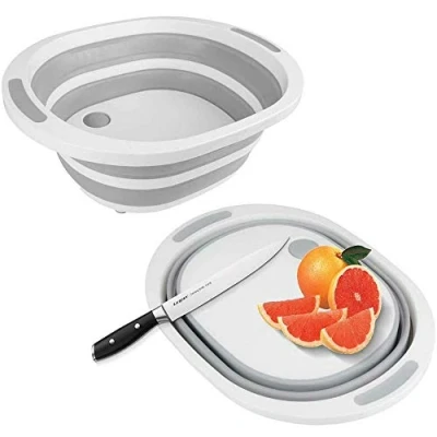 Image of LIZZIE JACOBS 2 in 1 Collapsible Washing Up Bowl Basin and Chopping Board with Drain Plug Multipurpose Basket Foldable Camping Sink Fruits Vegetables Pasta Dish Tub Food Strainer Storage