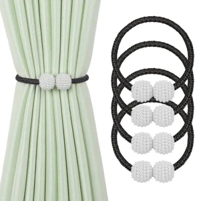 Image of Magnetic Curtain Tie Backs, Clips Rope Holder Buckles Small Bead Buckle Holders for Home Office Hotel Window Decoration (Black, 4 PACK)