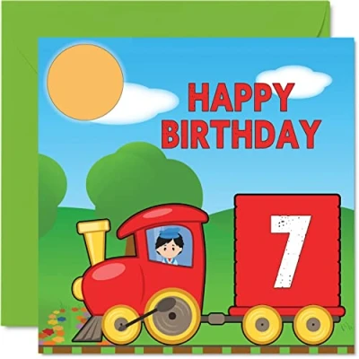 Image of 7th Birthday Card Unisex Train Happy for 7 Year Old Son Daughter Brother Sister Grandson Granddaughter Niece Nephew Cousin, 145mm x Greeting