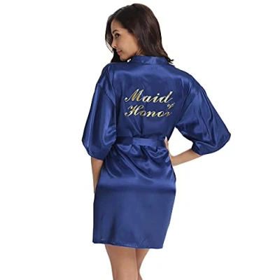 Image of Vlazom Bridal Bridesmaid Robes Silk Bride Party Dressing Gwon, Wedding Day Robes, Glitter Kimono Bathrobe Maid of Honor Dark Blue L(UK 12 14)