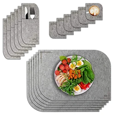 Image of VILSTO Felt Placemat Coaster Cutlery Bag Set of 18 pieces, Light Grey Heat Resistant, for Kitchen, Home Dinner Party, Outdoor Barbecue