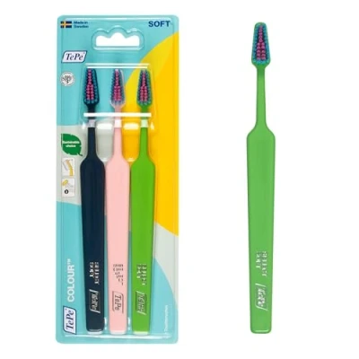 Image of TePe Colour Toothbrush, Soft, Mixed Pack, 3pcs, Soft Bristle Toothbrush with Precise and Gentle Cleaning, for Adults Older Children