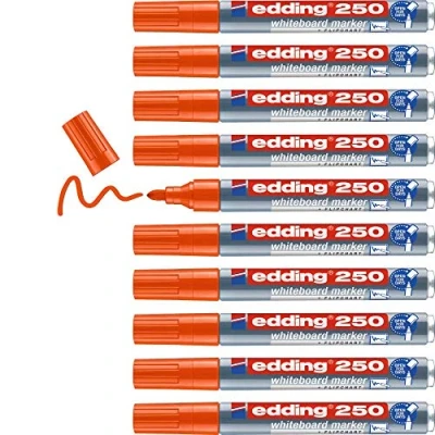 Image of edding 250 whiteboard marker orange 10 pens round tip 1.5 3 mm pen dry wipe for whiteboards, flipcharts, pinboards, magnetic and memo boards sketchnotes