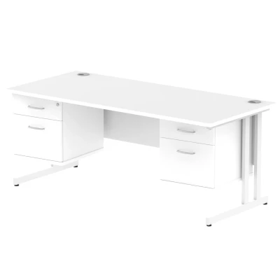 Image of Impulse 1800x800 Desk White Cantilever Leg + 2x Fixed Pedestal