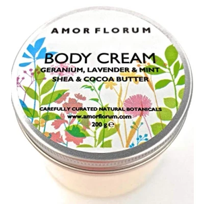 Image of Amor Florum Body Cream 99% Natural. Shea, Cocoa, Geranium, Lavender, Mint. Protects, Hydrates, Soothes, Repairs. pH 5.5, Sensitive Skin. 200g.