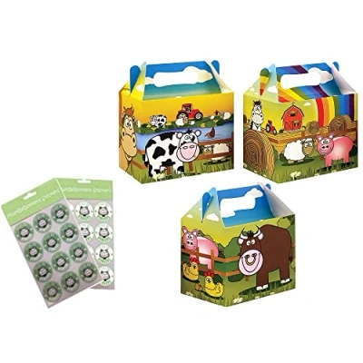 Image of MustBeBonkers Farm Animals H/B Birthday Party Food Boxes Childrens Picnic Loot Bag Plate Box Sticker Seals (15 Boxes)