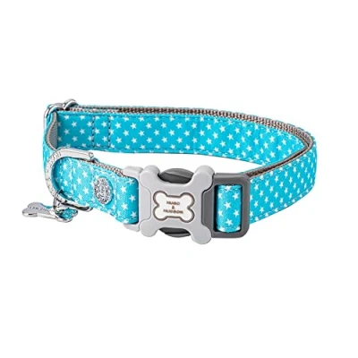 Image of HUGO &amp; HUDSON Fabric Nylon Dog Collar with Quick Release Safety Clip Buckle Soft Comfortable Padded Pet Turquoise Star XS