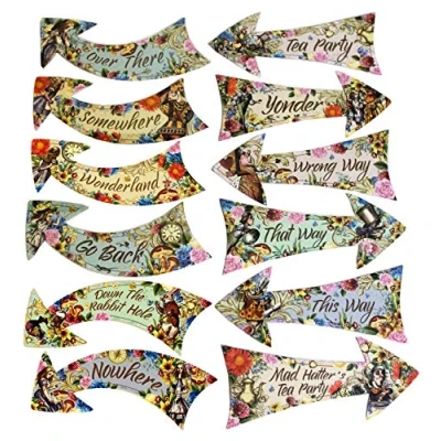 Image of ASVP Shop Alice in Wonderland Party Vintage Style Arrow Signs/Mad Hatters Tea Props Pack of 12 Signs