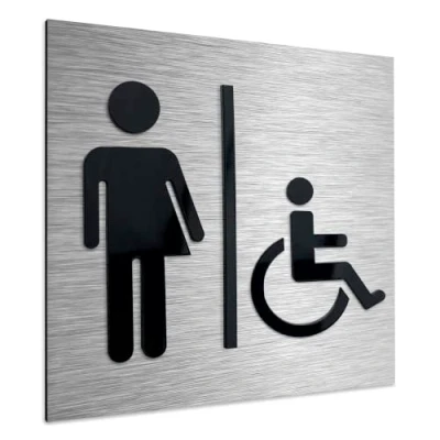 Image of ALÚMADESIGNCO Gender Neutral Accessible Toilet Sign Transgender Bathroom Signs Trans Non Binary Restroom Signage Unisex Disabled WC Decal 120 x mm, Silver, black Acrylic