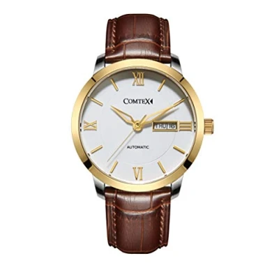 Image of COMTEX Men&#039;s Automatic Watch Gold Tone Brown Leather Strap Fashion Watches (Gold)