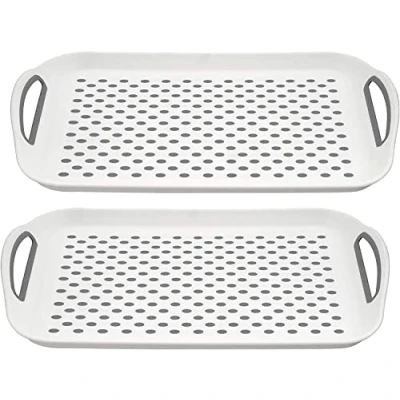 Image of Anti Slip Serving Tray Rectangular Non Top Bottom Plastic Tray, Strong Grip Rubber Surface, Kitchen for Food Serving, Easy Handles, Sturdy Dinner/Drinks Breakfast (Grey, Pack of 2)